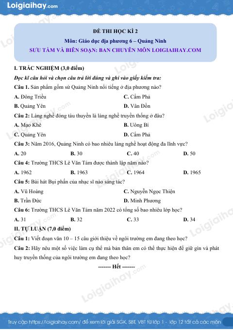 Đề thi HK2 GDĐP 6 Quảng Ninh - loigiaihay.com